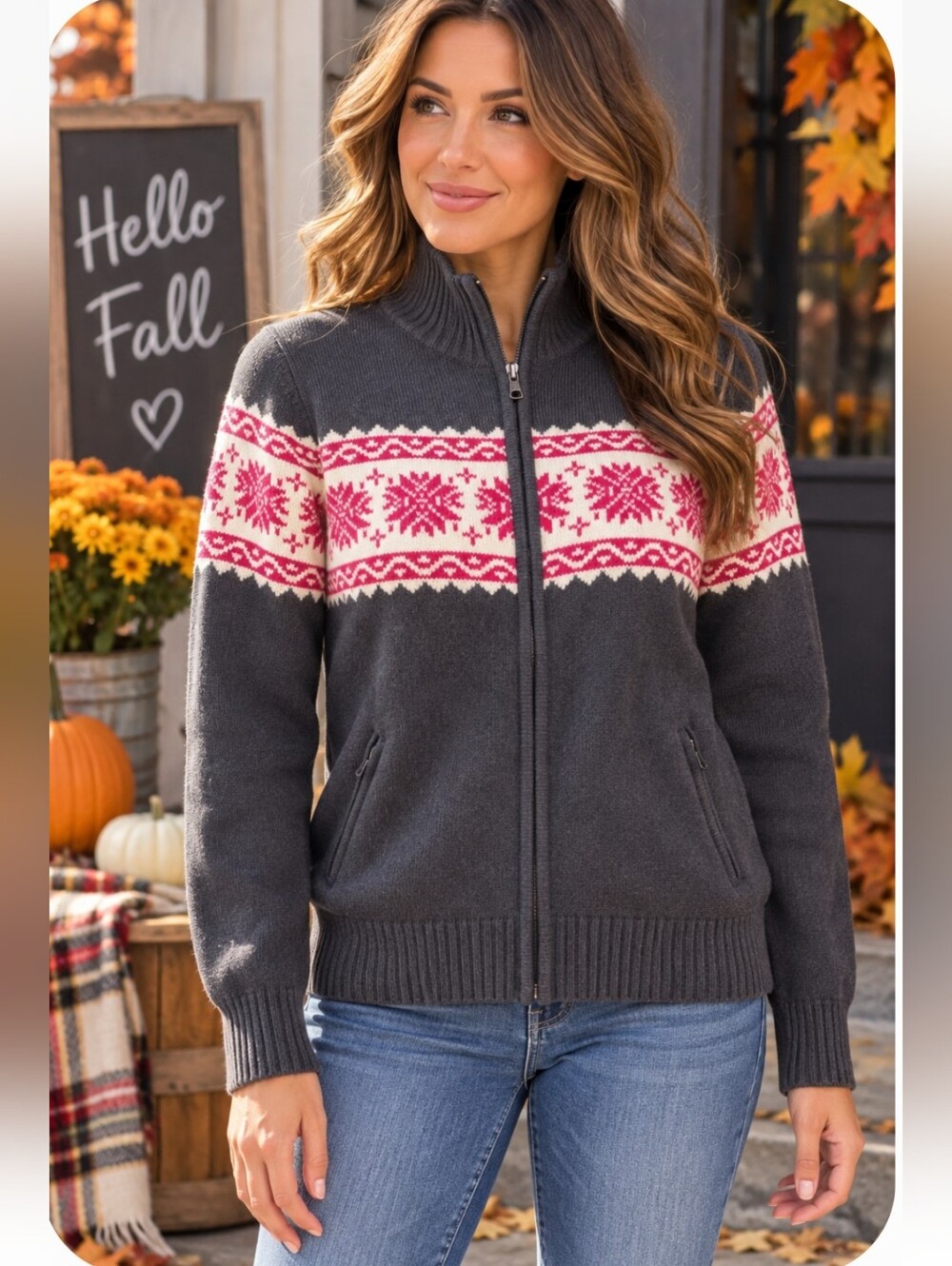 IZOD Petite Medium Fair Isle Snowflake Full Zip Sweater Cardigan NWT